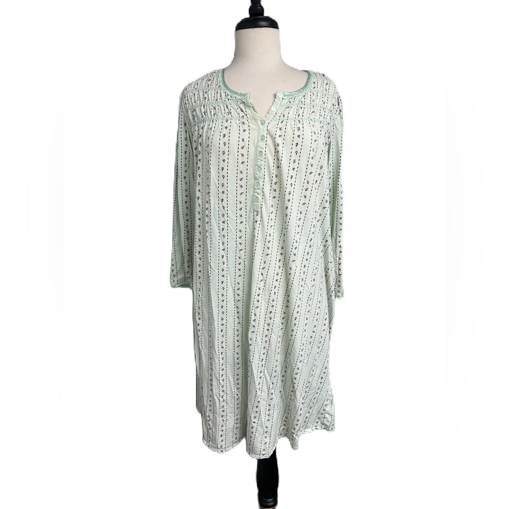 Aria Women's Nightgown Size M Green Floral Cotton Rayon Long Sleeve Granny Core